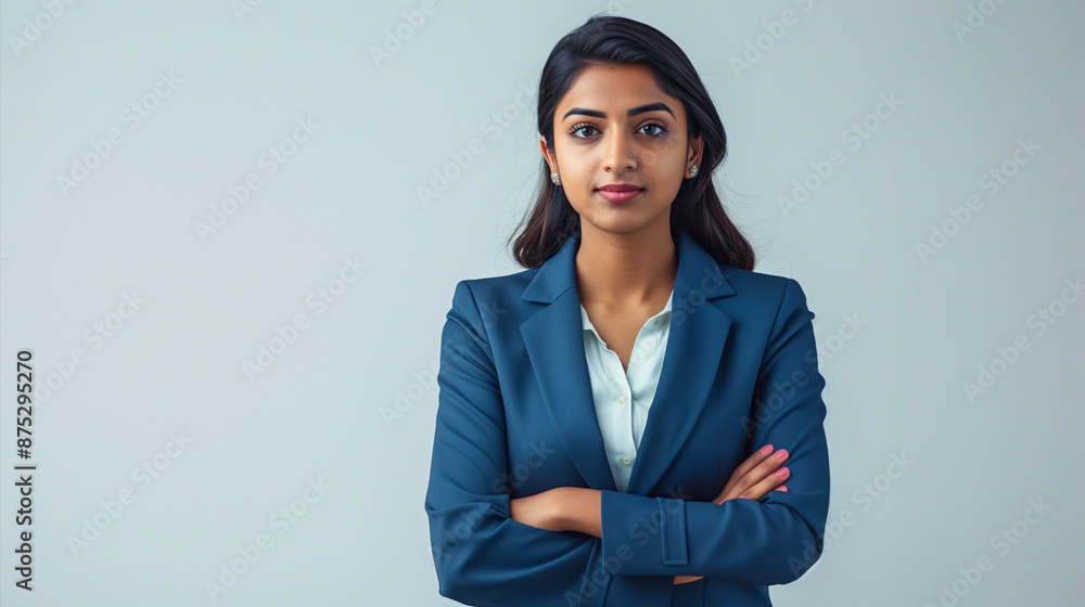 Smart Indian business woman in a navy blue suit, beautiful and confident.