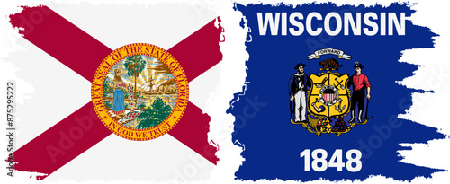 Wisconsin and Florida states grunge brush flags connection vector
