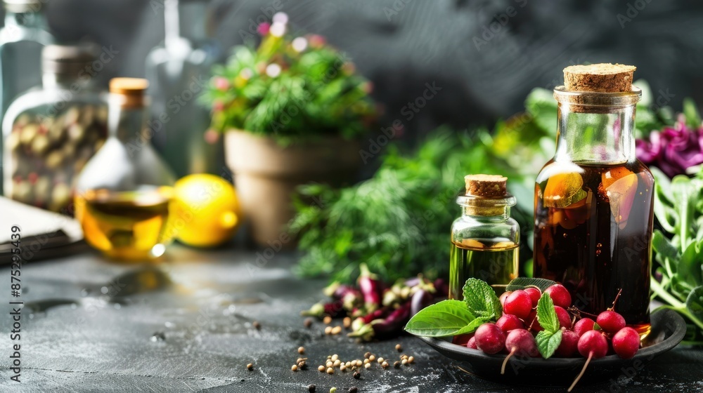 Closeup of Bottles Filled with Herbs and Spices Surrounded by Green Leaves Closeup of Bottles Filled with Herbs and Spices Surrounded by Green Leaves