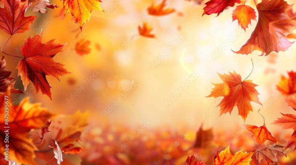 Autumn natural background. Frame of yellow orange red leaves with beautiful bokeh. Maple leaves in the park, sunset lighting, space for text Autumn natural background. Frame of yellow orange red leaves with beautiful bokeh. Maple leaves in the park, sunset lighting, space for text