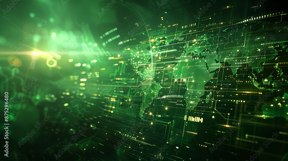 Obraz premium Dynamic Futuristic Background with Digital World Map, Green Technology and Global Network Visualization
