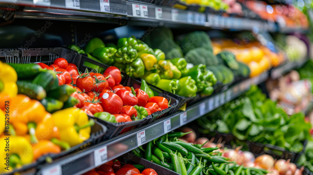 Fresh vegetables on the shelf in a supermarket, creating a vibrant and colorful background. Fresh vegetables on the shelf in a supermarket, creating a vibrant and colorful background.