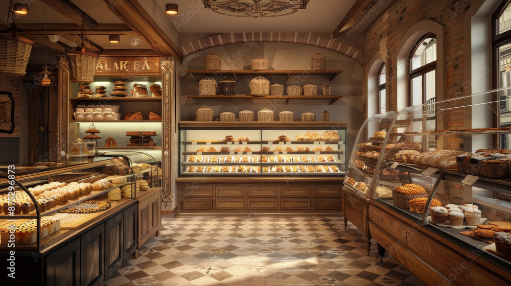 A variety of fresh snacks arranged for sale on a bakery shelf. Interior view of a bakery counter showcasing food on display. A variety of fresh snacks arranged for sale on a bakery shelf. Interior view of a bakery counter showcasing food on display.