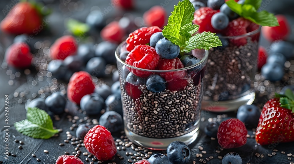Vibrant Chia Seed Pudding with Berries in a Glass,Nutritious and Delicious Fiber-Rich Snack Vibrant Chia Seed Pudding with Berries in a Glass,Nutritious and Delicious Fiber-Rich Snack