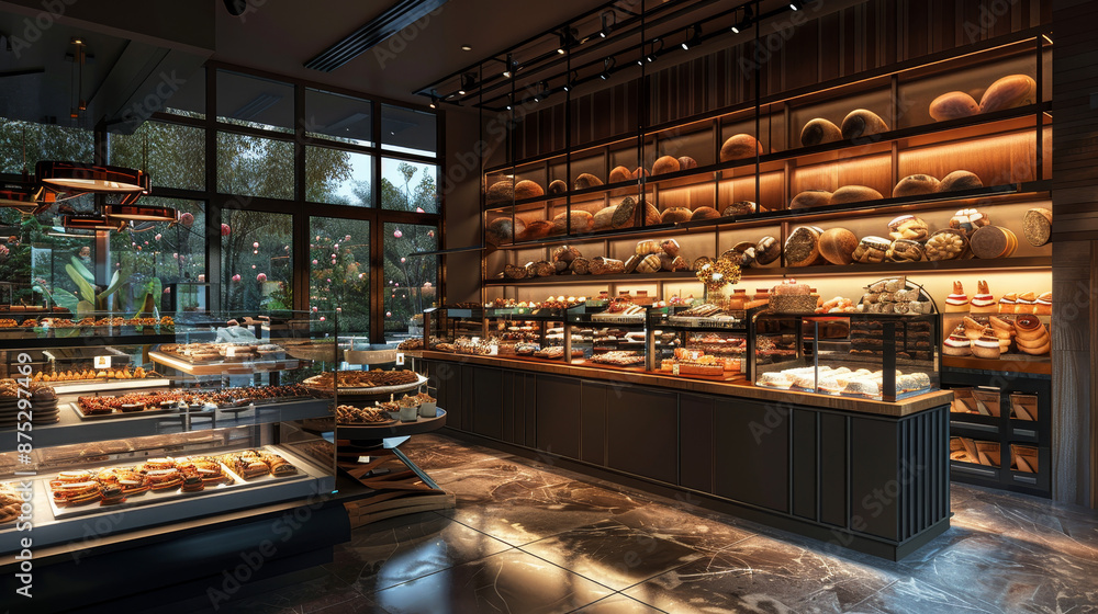 A variety of fresh snacks arranged for sale on a bakery shelf. Interior view of a bakery counter showcasing food on display. A variety of fresh snacks arranged for sale on a bakery shelf. Interior view of a bakery counter showcasing food on display.