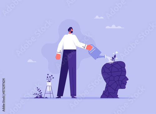 Mental health care, psychological therapy concept, businessman watering tree growing on stone person suffering from loneliness or solitude with watering can, metaphor of mindfulness and mental health