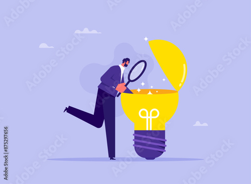 In-depth analysis for competitive advantage concept, business insight, deep understanding to make decision better, businessman using a magnifying glass looking into light bulb inside