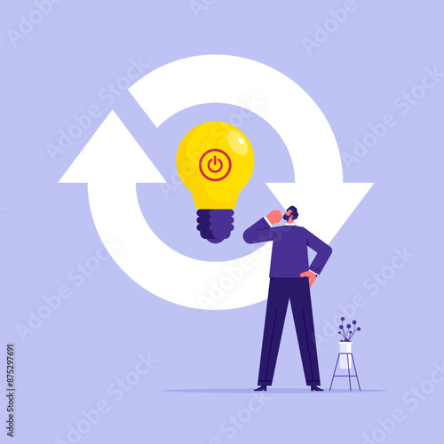 Rethink or think again to make change for better result concept, thinking new way to solve problem or make decisions, businessman rethink with lightbulb idea