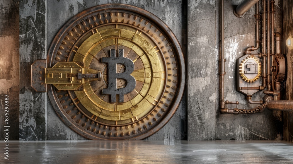 Bitcoin cryptocurrency symbol on bank vault door Bitcoin cryptocurrency symbol on bank vault door