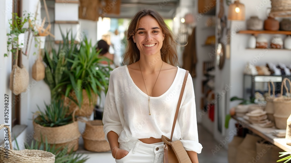 Happy Young Woman Boutique Shopping Eco-Friendly Handmade Products Happy Young Woman Boutique Shopping Eco-Friendly Handmade Products