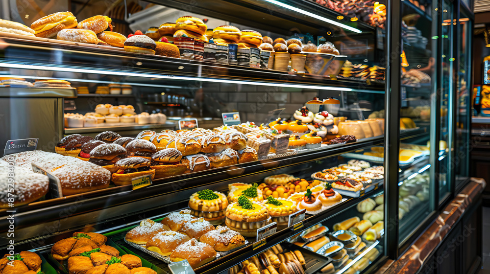 A variety of fresh snacks arranged for sale on a bakery shelf. Interior view of a bakery counter showcasing food on display. A variety of fresh snacks arranged for sale on a bakery shelf. Interior view of a bakery counter showcasing food on display.