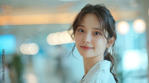 Japanese excellent cute 18-age newcomer Nurse, bright warm light in hospital background. Generative AI.