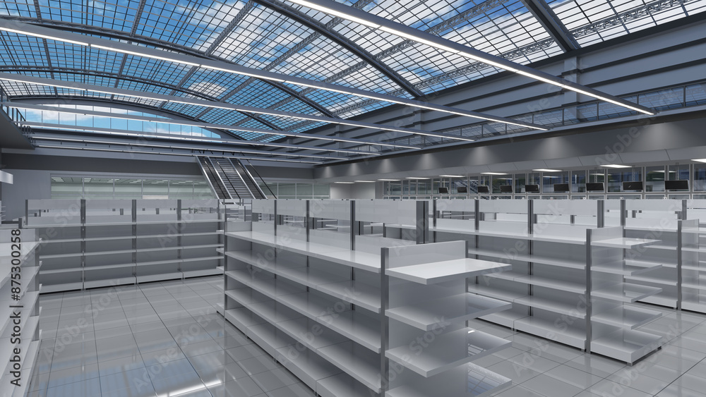 Supermarket interior mockup with rows of racks and a vaulted transparent roof overlooking the sky with clouds. 3d illustration Supermarket interior mockup with rows of racks and a vaulted transparent roof overlooking the sky with clouds. 3d illustration