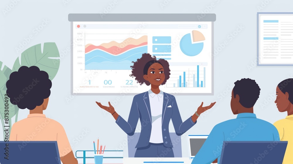 Big data analysis and fintech e-commerce concept with successful black woman as executive director presenting growth statistics to diverse conference meeting members in light office Big data analysis and fintech e-commerce concept with successful black woman as executive director presenting growth statistics to diverse conference meeting members in light office