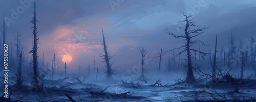 A bleak landscape with toxic fog, barren trees, and decayed vegetation, gloomy skies, twilight hues, digital painting, dark and somber