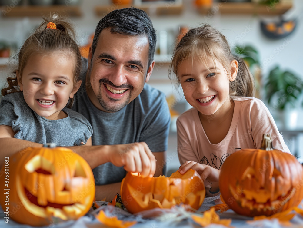 children and father with pumpkins children and father with pumpkins