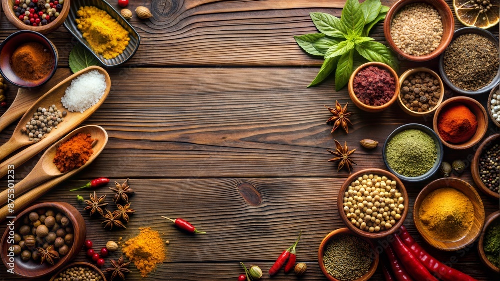 © Chenda - top view various cooking spices ingredents herb lied flat wood table mock up blank space text