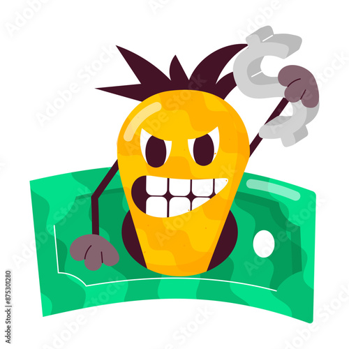 Comic sticker of greedy emoji holding money with weird expression 

