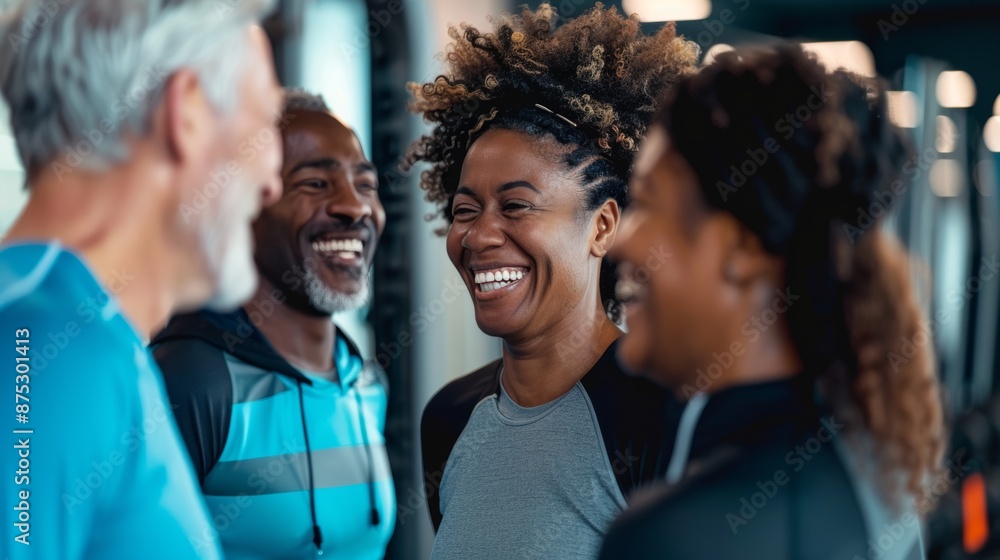 Obraz premium Smiling group older of friends in sportswear laughing together while standing arm in arm in a gym after a workout, senior, healthy, friendship, adult, exercising, together, lifestyles