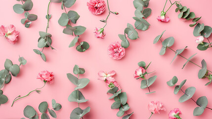 Flower composition with pink flowers and eucalyptus branches on a pink background. Valentine's Day, Mother's Day, and Women's Day concept. Flat lay, top view.