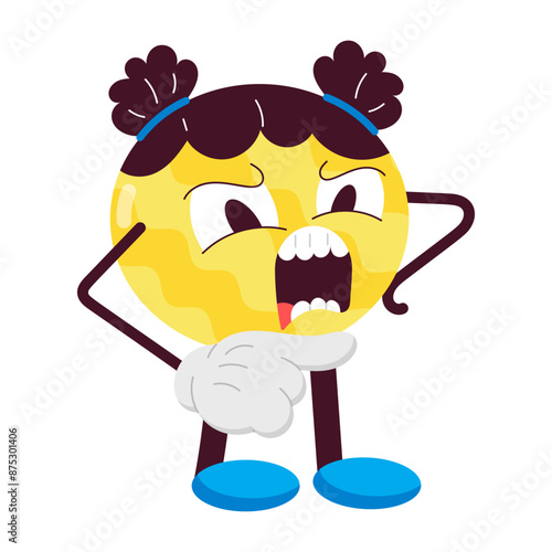 A flat cartoon style sticker of angry emoji shouting  

