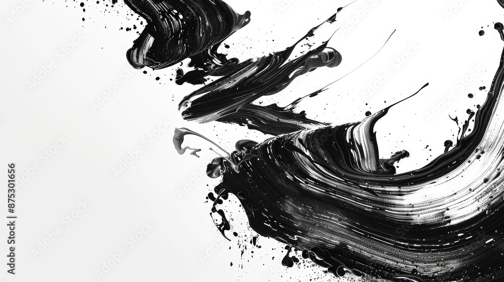Abstract black brush strokes with splashes of paint on white background, perfect for modern art lovers and creative projects. Abstract black brush strokes with splashes of paint on white background, perfect for modern art lovers and creative projects.