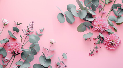 Flower composition with pink flowers and eucalyptus branches on a pink background. Valentine's Day, Mother's Day, and Women's Day concept. Flat lay, top view.