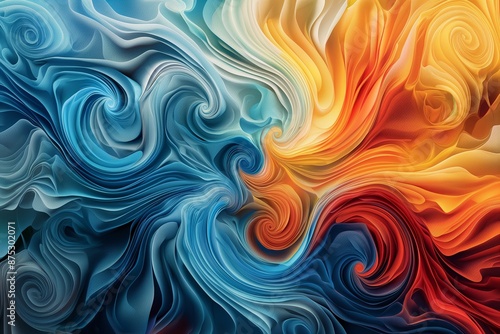 An abstract art piece with swirling patterns of vibrant blues, reds, and yellows, creating a dynamic and mesmerizing visual effect.