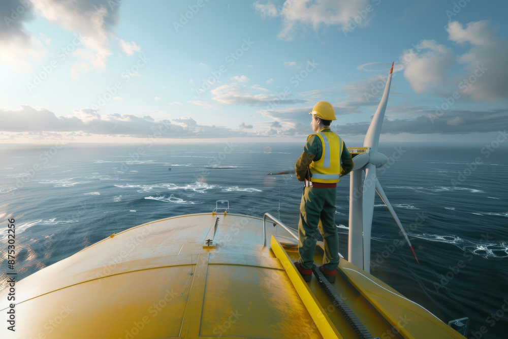 Fototapeta premium A worker standing atop a wind turbine, overlooking the expansive ocean, symbolizing renewable energy and the future of sustainable power.