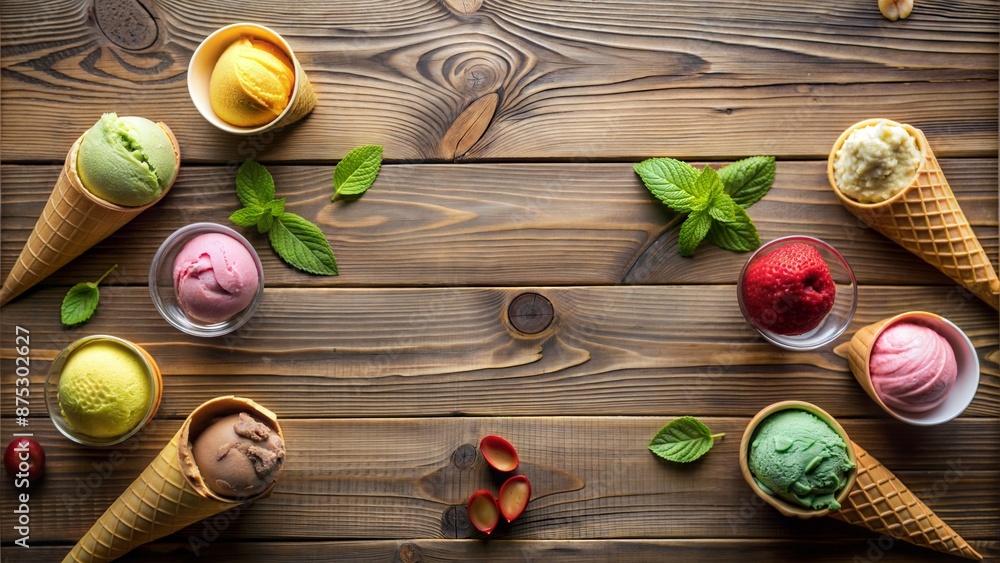 top view various ice cream flavor lay flat wooden table mock up blank space text top view various ice cream flavor lay flat wooden table mock up blank space text