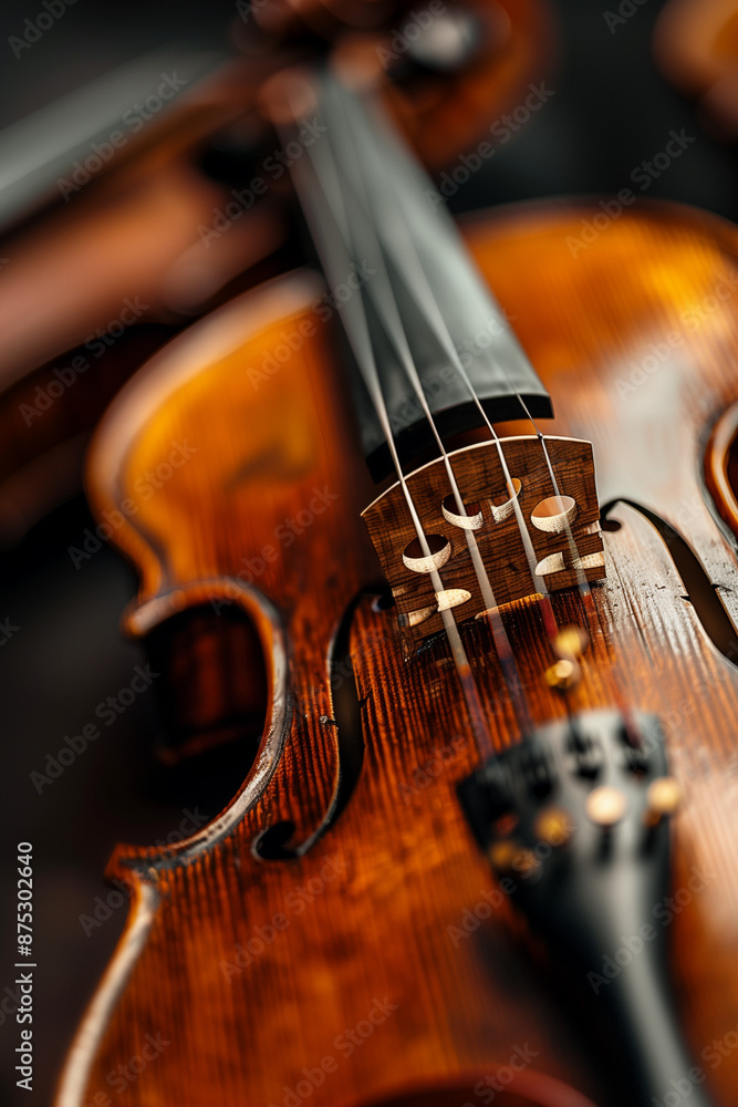 Fototapeta premium Close view of a violin strings and bridge