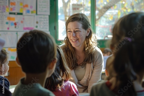 Smiling teacher creates positive learning atmosphere in classroom, interacting joyfully and supportively with students AIG58 photo