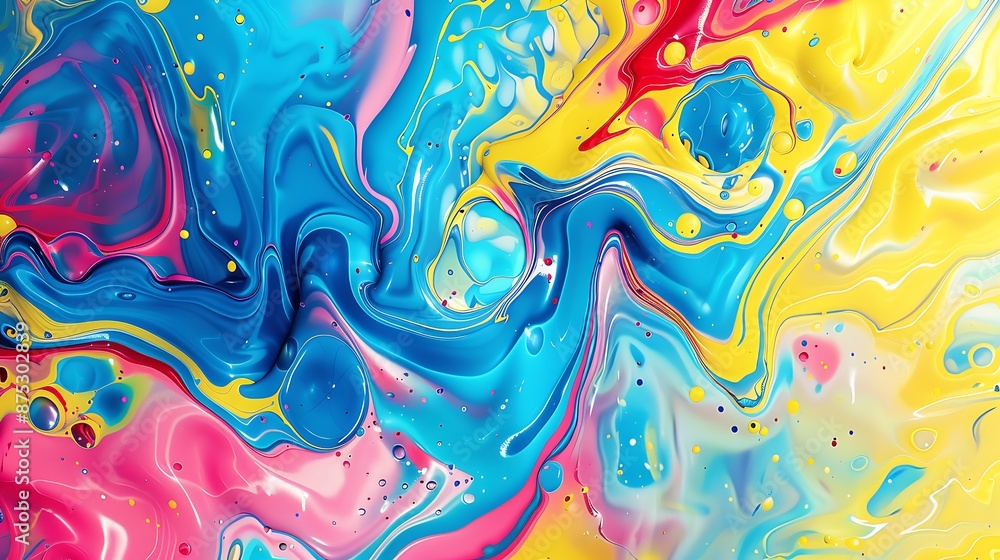 Colorful abstract background with liquid paint swirls, featuring blue, yellow, pink, and red splashes forming intricate patterns. Colorful abstract background with liquid paint swirls, featuring blue, yellow, pink, and red splashes forming intricate patterns.