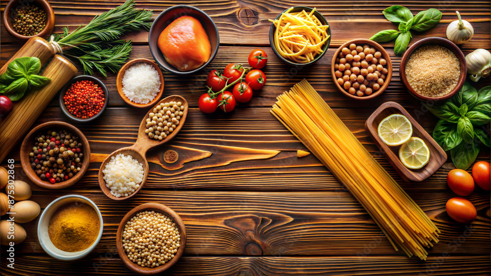 various ingredients spices veggies spagehetti cooking lay flat table mock up blank space text various ingredients spices veggies spagehetti cooking lay flat table mock up blank space text