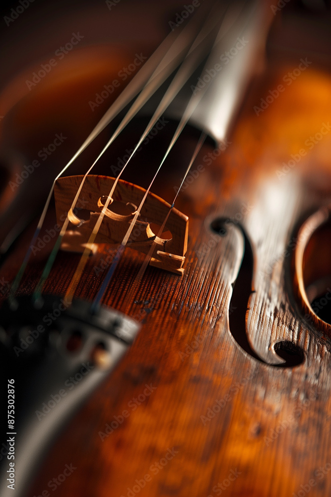 Close view of a violin strings and bridge Close view of a violin strings and bridge