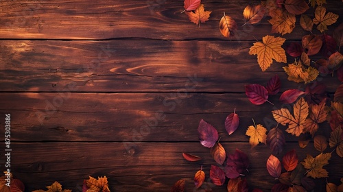 Atumnal leaves on wooden background. Autumn leaves over wooden background with copy space. Autumn maple leaves over wooden background. photo