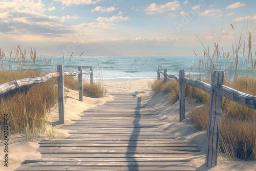 A tranquil coastal scene with a sandy beach path leading to calm ocean waters, bordered by wooden fences and grassy dunes under a soft, pastel sky.