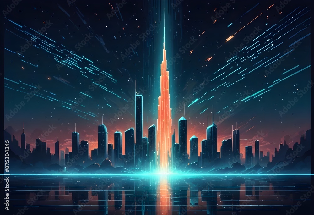 large futuristic Sckyscraper in the city on a dark Blue background, light on the base, light Lines frame on It, sparkling colorful aura around It, stars and lines in the background large futuristic Sckyscraper in the city on a dark Blue background, light on the base, light Lines frame on It, sparkling colorful aura around It, stars and lines in the background