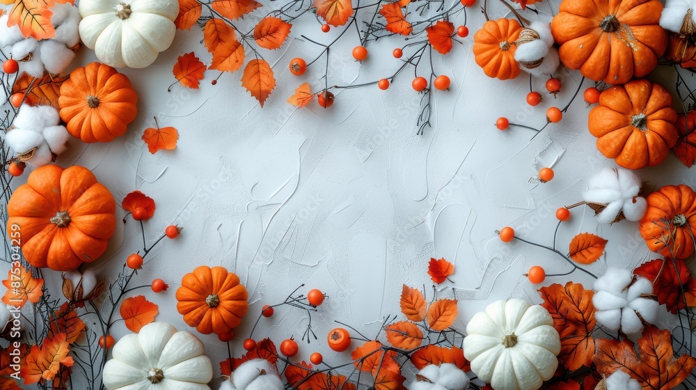 Colorful Autumn Harvest with Pumpkins, Leaves, Pinecones, and Berries on rustic Wooden Background for Seasonal Halloween Decoration Colorful Autumn Harvest with Pumpkins, Leaves, Pinecones, and Berries on rustic Wooden Background for Seasonal Halloween Decoration