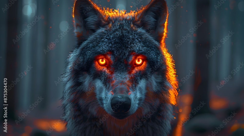 Fierce Glowing-Eyed Wolf Prowling in Dark Fantasy Forest with Geometric Fur Fierce Glowing-Eyed Wolf Prowling in Dark Fantasy Forest with Geometric Fur