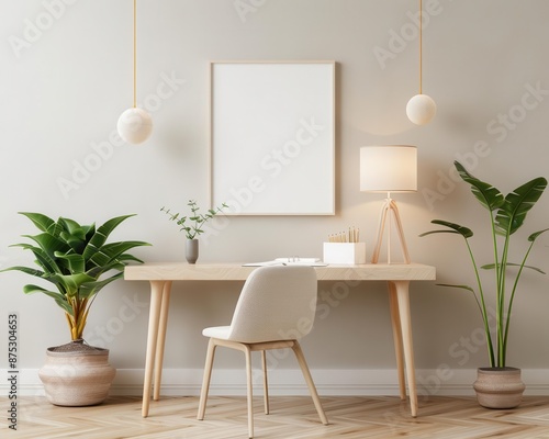 Minimalist home office with a white chair, wooden desk, and plants.