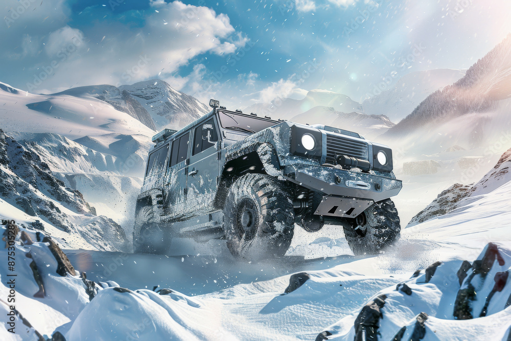 A rugged off-road vehicle navigates through a snowy mountain landscape, embodying adventure and endurance against a pristine winter backdrop. A rugged off-road vehicle navigates through a snowy mountain landscape, embodying adventure and endurance against a pristine winter backdrop.