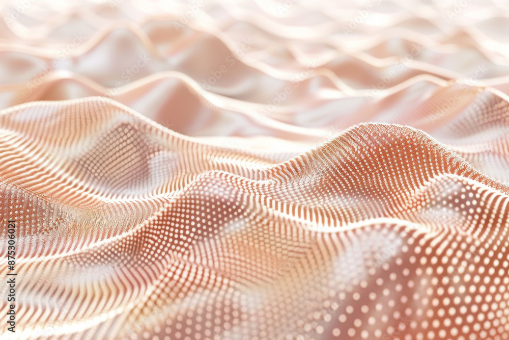 Soft pink fabric with delicate dotted patterns creates gentle waves, showcasing texture and fluidity in an artistic display. Soft pink fabric with delicate dotted patterns creates gentle waves, showcasing texture and fluidity in an artistic display.