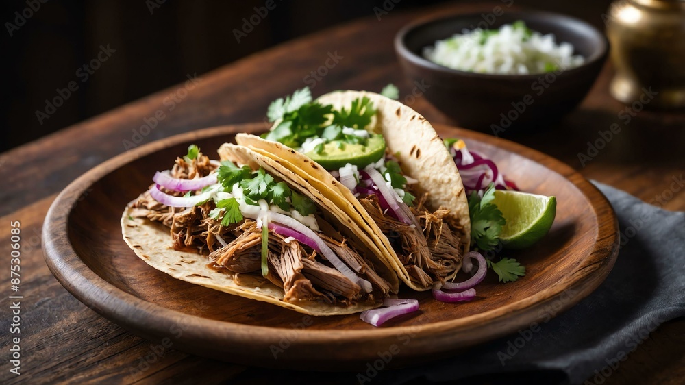 carnitas taco slowcooked pork shoulder shredded and c served aesthetically in a wooden plate and table carnitas taco slowcooked pork shoulder shredded and c served aesthetically in a wooden plate and table