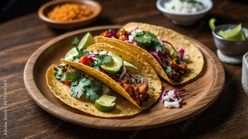 pescado taco served aesthetically in a wooden plate and table pescado taco served aesthetically in a wooden plate and table