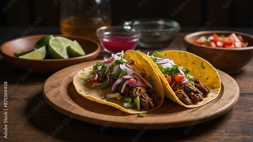 tacos gobernador taco served aesthetically in a wooden plate and table tacos gobernador taco served aesthetically in a wooden plate and table