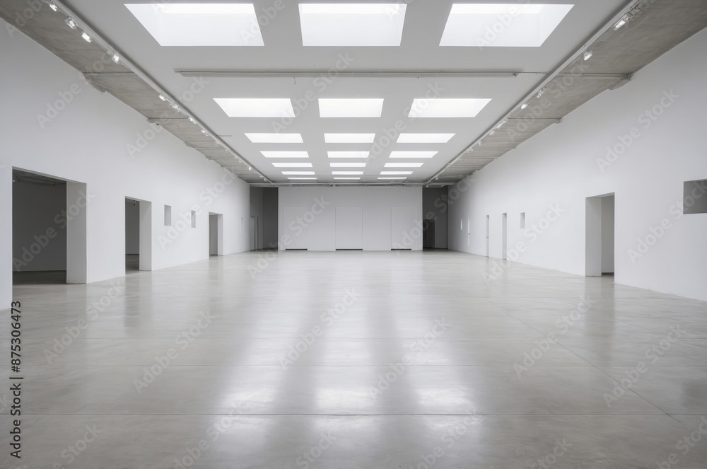 Wide angle of minimalist white gallery interior with square skylights illuminating concrete floor Wide angle of minimalist white gallery interior with square skylights illuminating concrete floor