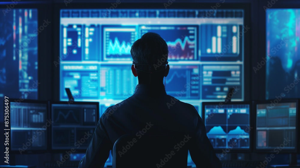 3. Cybersecurity expert staring at a screen with a massive data breach alert 3. Cybersecurity expert staring at a screen with a massive data breach alert