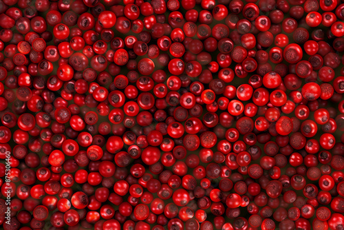 A dense cluster of fresh red cranberries, showcasing their rich color and texture, perfect for capturing the essence of autumn and harvest time. photo