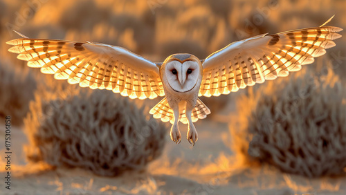 Barn Owl in Flight with Wings Spread Wide in Golden Sunset Light
